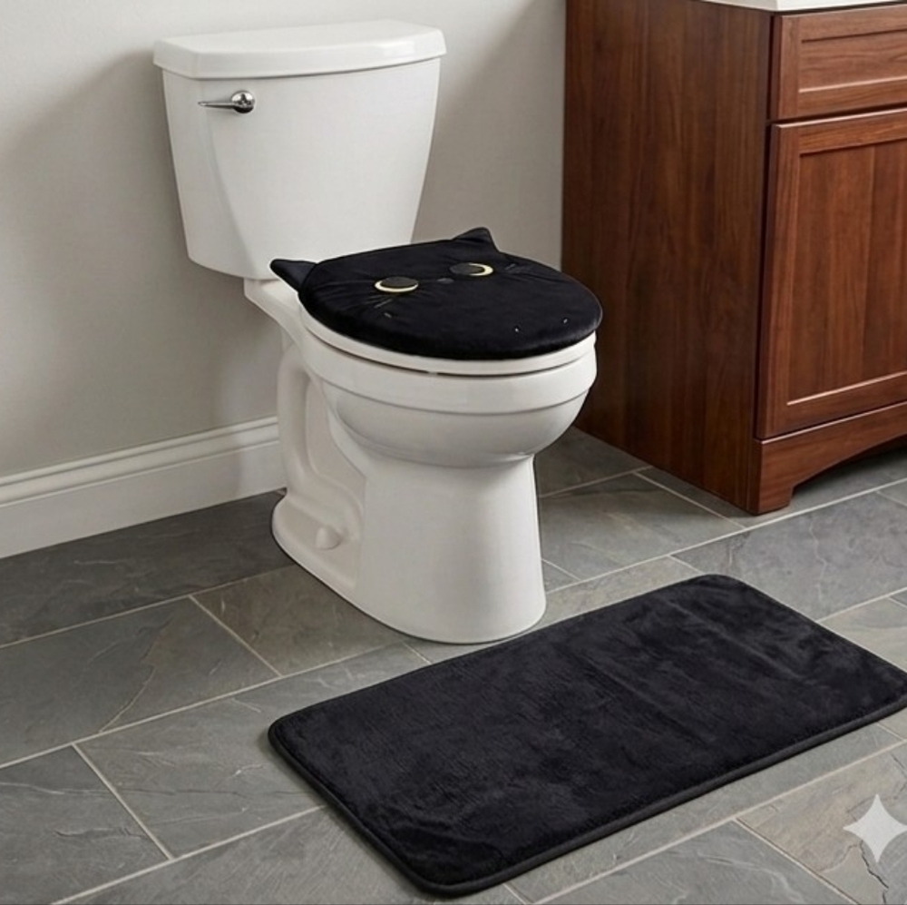 Jack-o'-lanter Black Cat Halloween Bathroom Rug & Toilet Lid Cover Set - 2pc NWT
